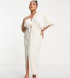 Asos Design Curve Batwing Tie Front Linen Midi Dress In Natural-neutral