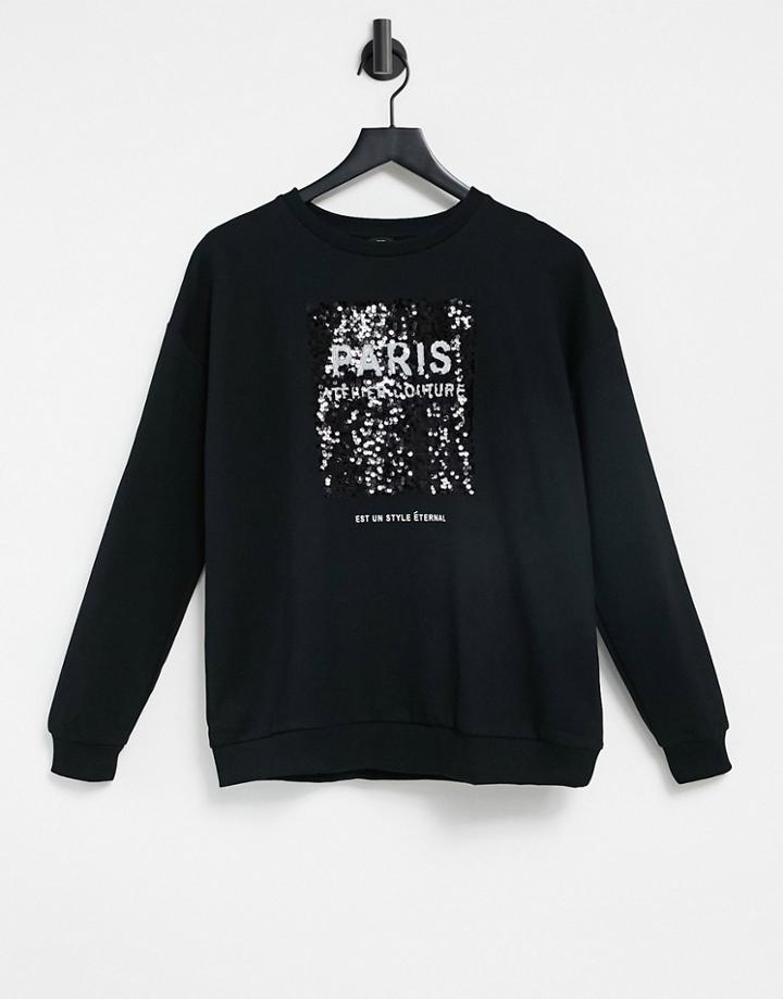 River Island Paris Sequined Slogan Sweatshirt In Black