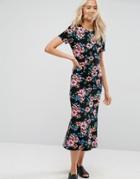 Asos City Maxi Tea Dress In Black Base Floral - Multi