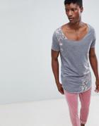Asos Design Super Longline T-shirt With Burnout And Floral Print - Gray