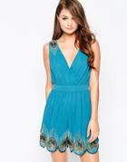 Little Mistress Wrap Front Playsuit With Feather Detail - Blue
