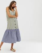 Asos Design Button Through Midi Smock Sundress In Mixed Stripe-multi