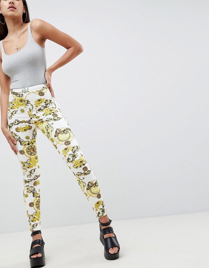 Asos Design Rivington Denim Jeggings In Scarf Print-white