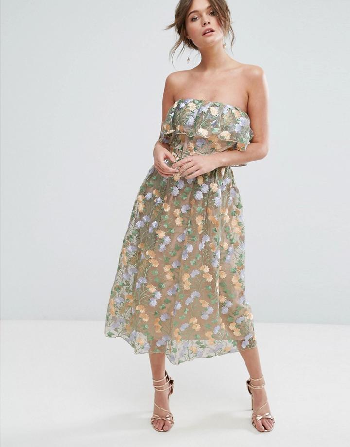 True Violet Floral Embroidered Strapless Midi Dress - Multi