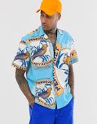 Asos Design Relaxed Shirt With Parrot Print-blue