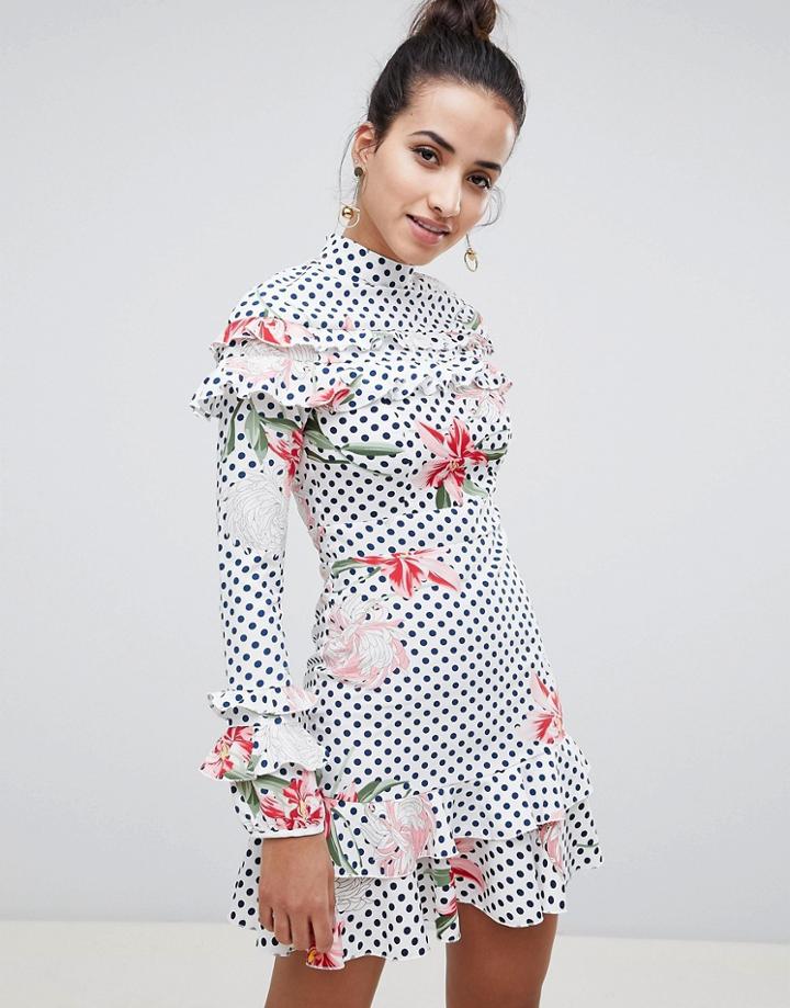 Boohoo Floral And Polka Dot High Neck Dress - Multi