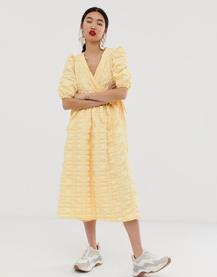 Asos White Wrap Textured Smock Dress - Yellow