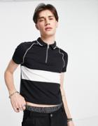 Asos Design Shrunken Slim Polo T-shirt In Black With Contrast Panel & Half Zip