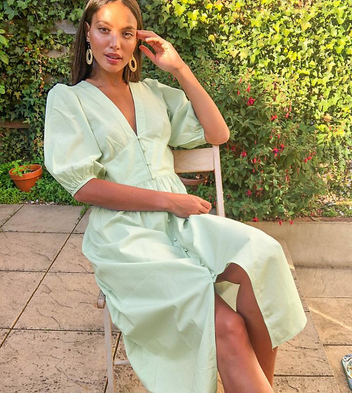 Vero Moda Tall Midi Dress With Puff Sleeves In Light Green