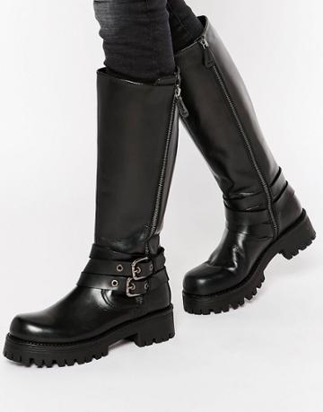 Park Lane Strap Chunky Leather Knee Boots - Black