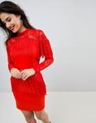 Asos Ultimate Fringe Long Sleeve Lace Mini Dress - Red