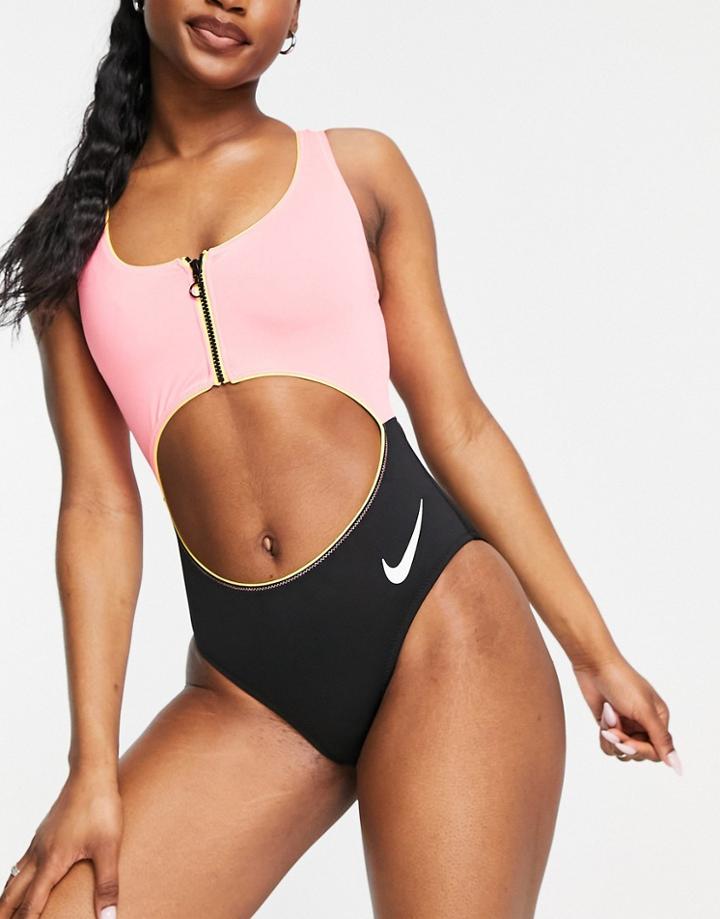 Nike Swimming Color Block Cut Out Swimsuit In Pink And Black