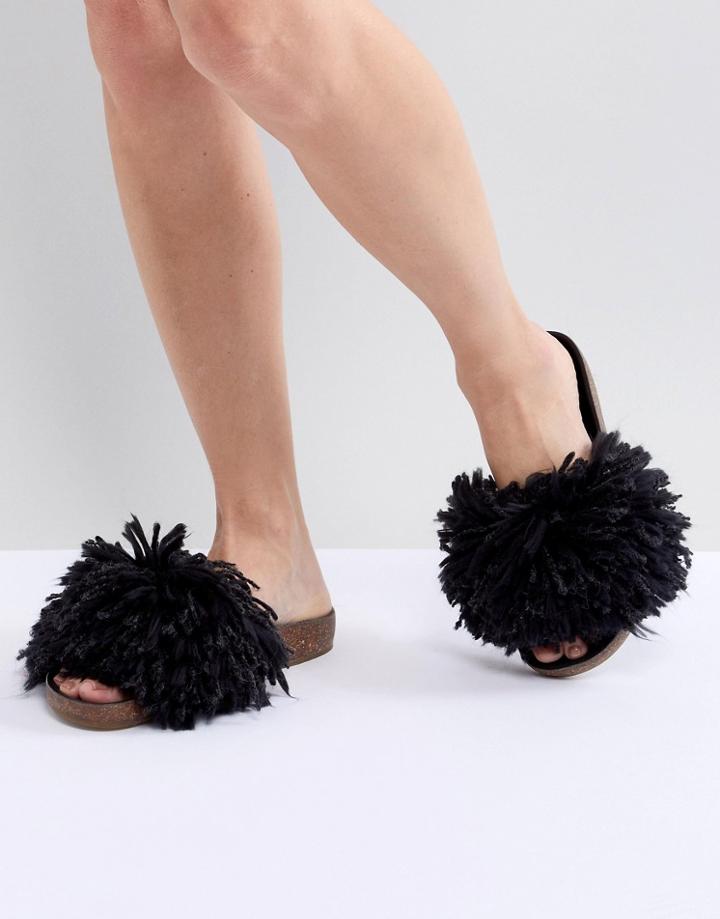 Ugg Cindy Black Shaggy Slides - Black