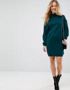 Asos Knitted Mini Dress With High Neck And Wide Sleeves - Green