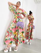 Asos Edition Puff Sleeve Midi Dress With Cut Out Back In Pink Floral Print
