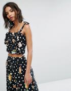Mango Dot And Floral Tie Crop Top - Black