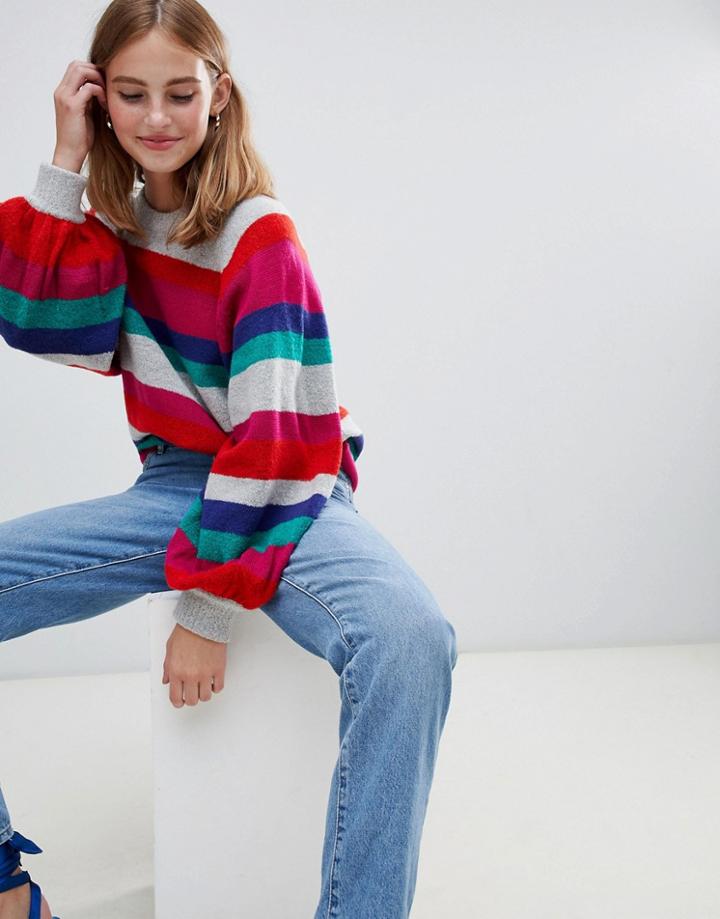 Brave Soul Hilltop Sweater In Rainbow Stripe-multi
