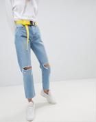 Asos Design Florence Authentic Straight Leg Jeans In Pretty Wash With Belt-blue