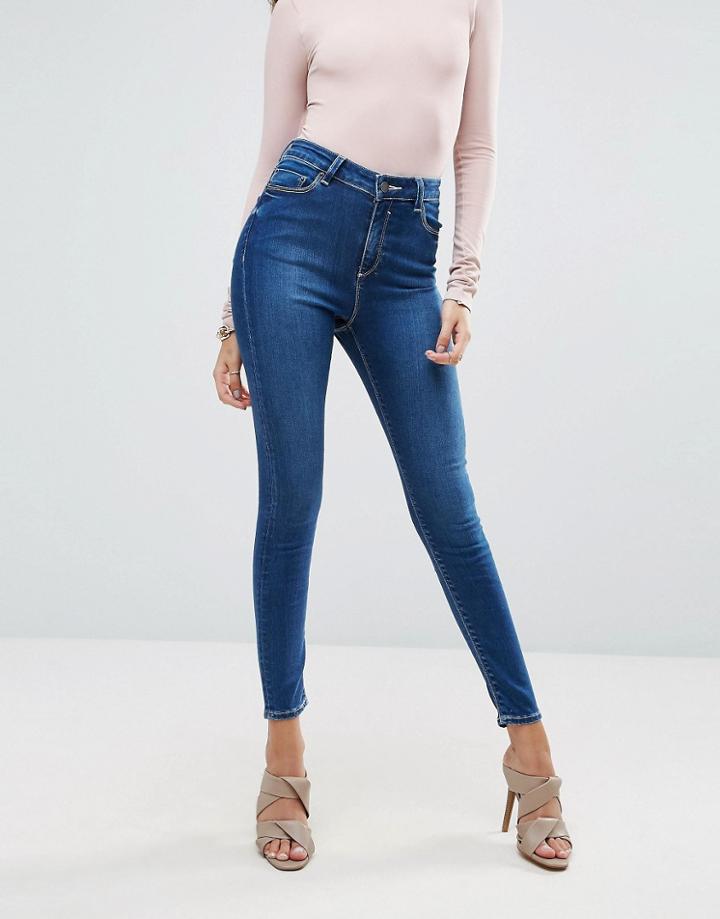 Asos Ridley Skinny Jeans In Hester Dark Stonewash With Contrast Threads - Blue