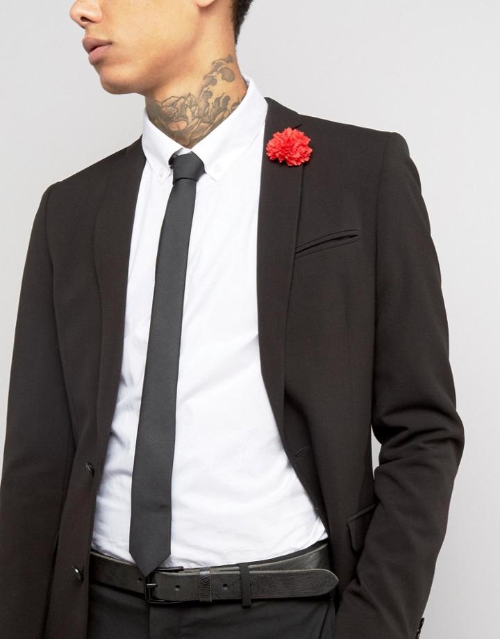 Asos Black Tie With Red Flower Lapel Pin Pack - Black
