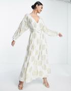 Asos Design Belted Batwing Maxi Tea Dress In White And Gold Metallic Jacquard-multi