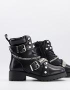 River Island Embellished Metalwork Biker Boot In Black