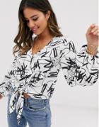 Asos Design Long Sleeve Button Through Top With Tie Detail In Abstract Print-multi
