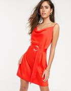 River Island Cowl Neck Cami Dress With Belt Detail In Red
