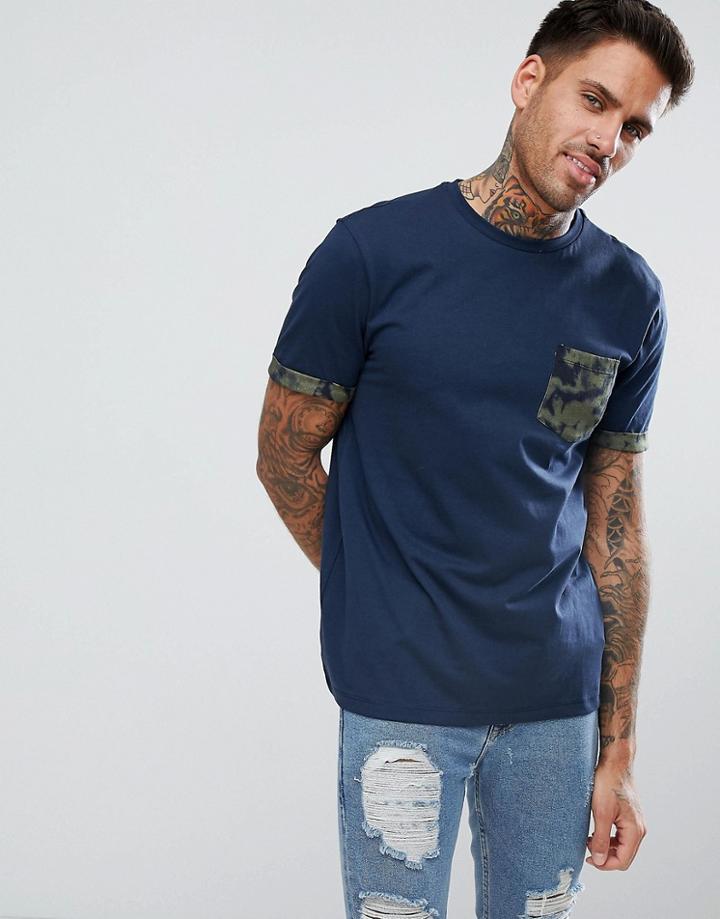 New Look T-shirt With Dye Print Pocket And Sleeve In Navy - Navy