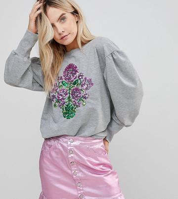 Chorus Petite Mutton Sleeve Sweater With Sequin Floral - Gray