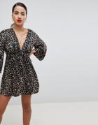 Asos Design Smock Romper With Tie Waist In Animal Print-multi