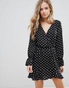 Oh My Love Polka Dot Wrap Frill Long Sleeve Dress - Black