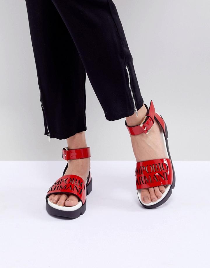 Emporio Armani Logo Leather Sandal With Wrap Angle Buckle - Red