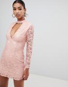 In The Style Lace Plunge Long Sleeve Dress-pink