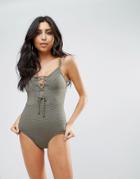 Pour Moi Textured Lace Up Swimsuit - Green