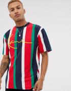 Karl Kani Signature Pinstripe T-shirt With Embroidered Logo In Navy/red - Navy