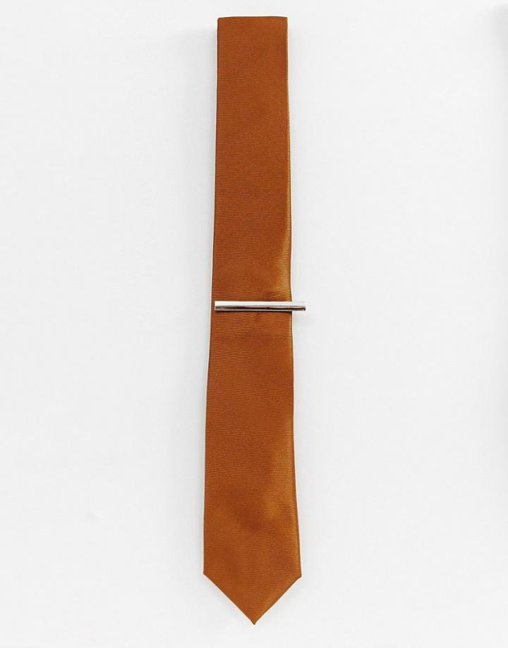 River Island Wedding Textured Tie With Tie Clip In Bronze - Gold