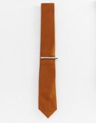 River Island Wedding Textured Tie With Tie Clip In Bronze - Gold