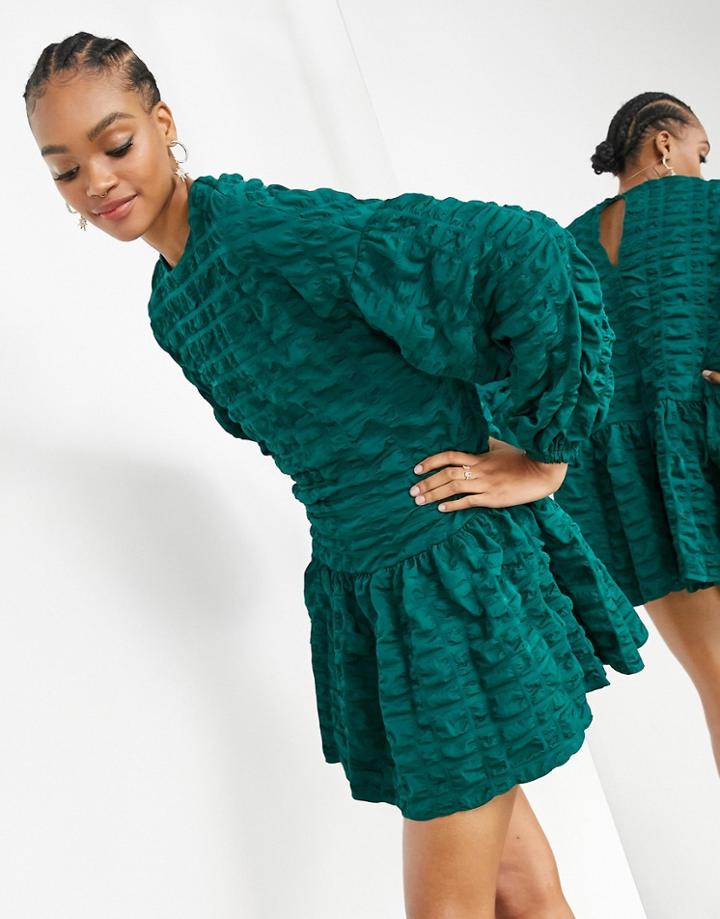 Asos Edition Textured Check Mini Dress With Tiered Hem In Forest Green