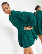 Asos Edition Textured Check Mini Dress With Tiered Hem In Forest Green