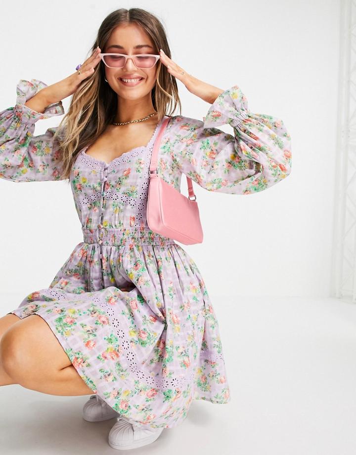 Asos Design Button Through Lace Insert Mini Dress With Elasticized Waist In Floral Print-multi