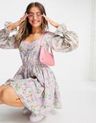Asos Design Button Through Lace Insert Mini Dress With Elasticized Waist In Floral Print-multi