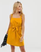 Asos Design Mini Square Neck Sundress With Ruched Drawstring Waist - Yellow