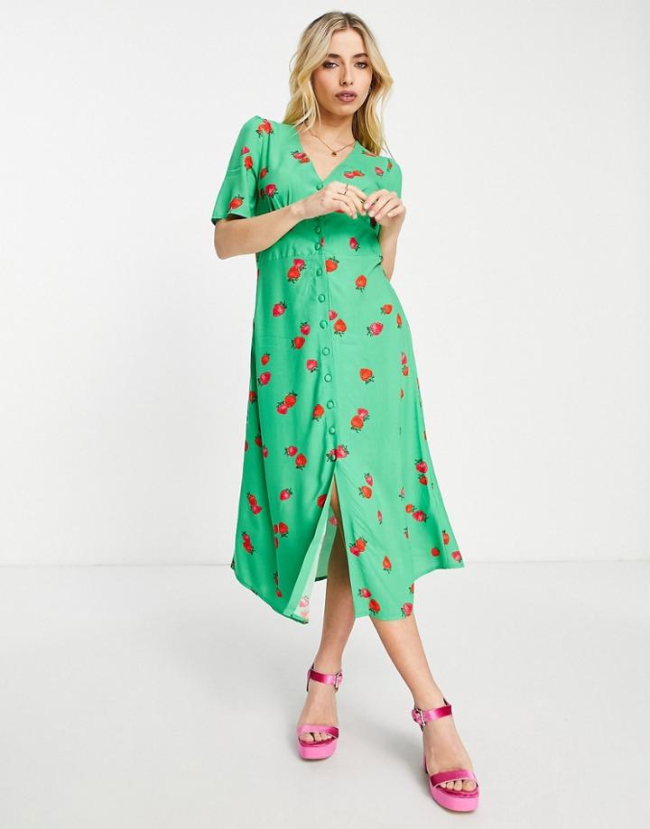 Nobody's Child Button Tea Midi Dress In Green Strawberry Print