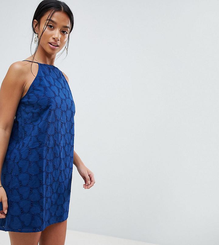 Asos Petite Low Back Mini Sundress In Heart Broderie - Navy