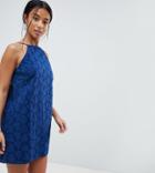 Asos Petite Low Back Mini Sundress In Heart Broderie - Navy