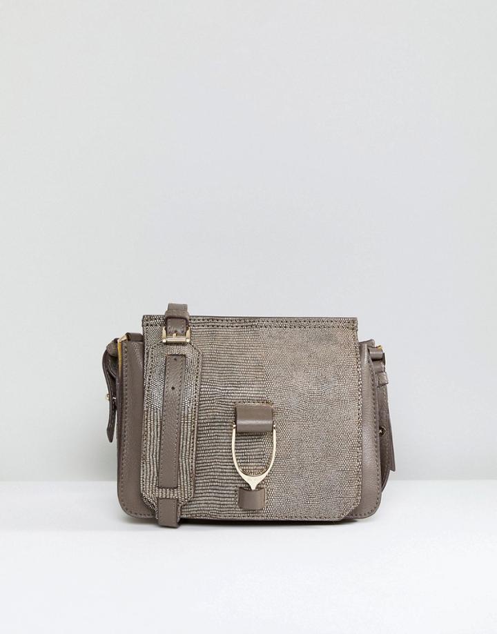 Paul Costelloe Real Leather Cross Body Bag With Lizard Effect Fold Over Detail - Brown