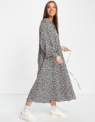 Asos Design Midi Smock Dress With Drawstring Detail In Leopard Print-multi