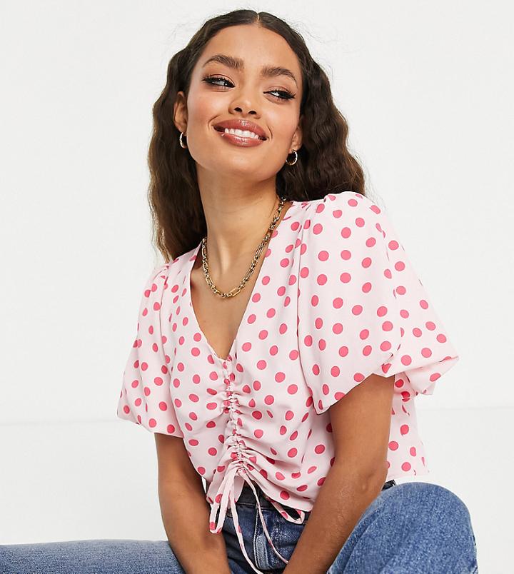 River Island Petite Ruched Front Polka Dot Cropped Top In Pink