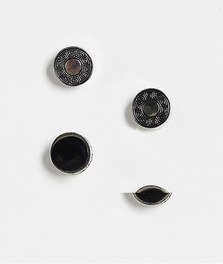 Asos Design 2 Pack Circle Stud Earrings With Greek Wave In Silver Tone And Black Enamel